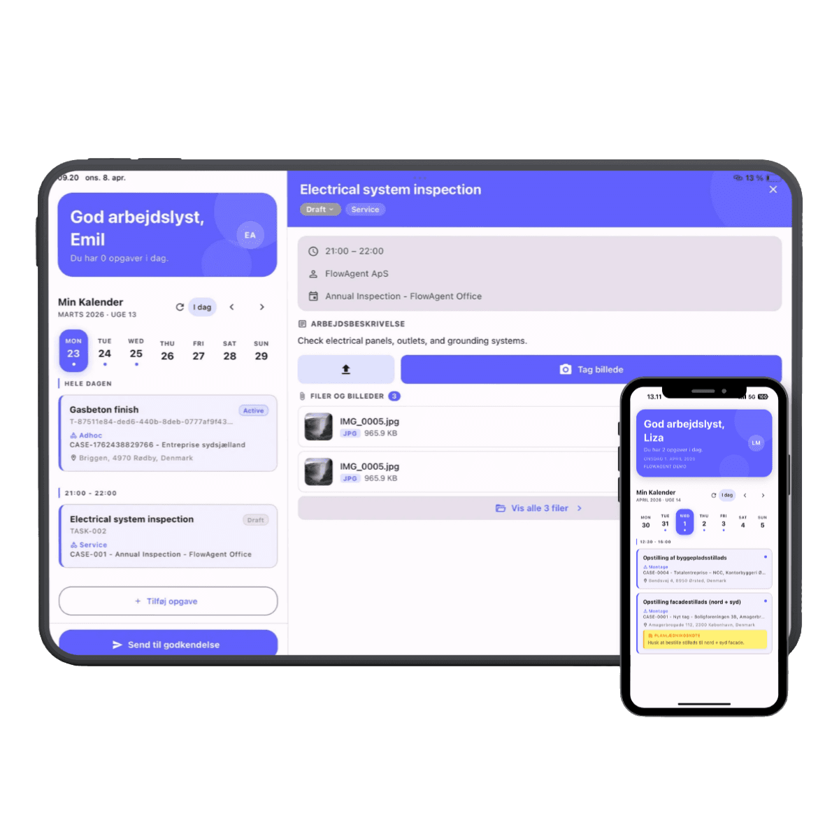 FlowAgent-appen vist på både mobil og tablet